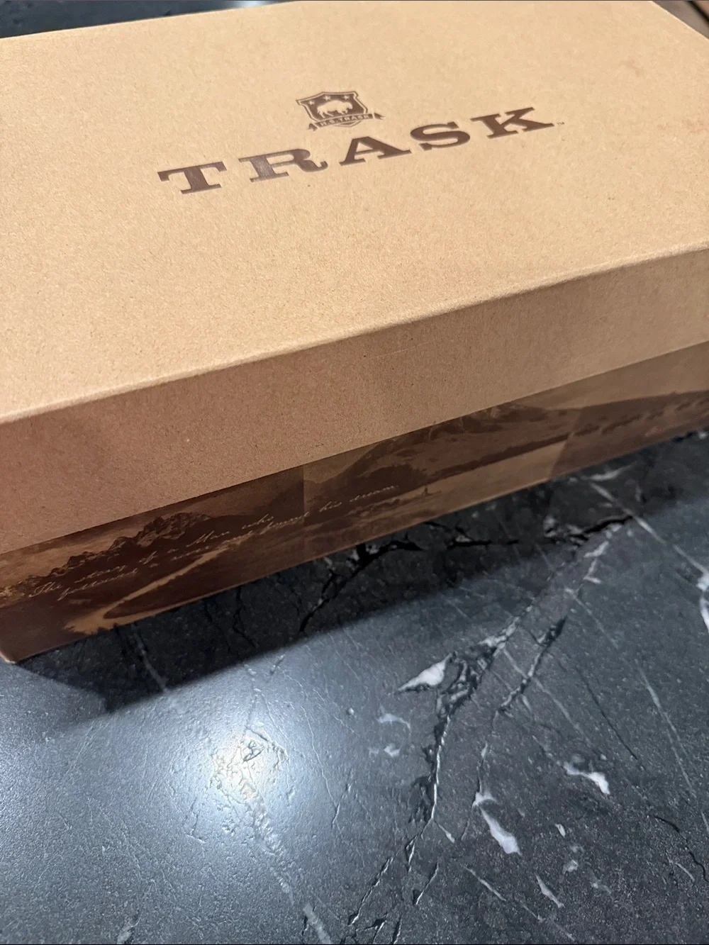 Trask brown and tan loafers box